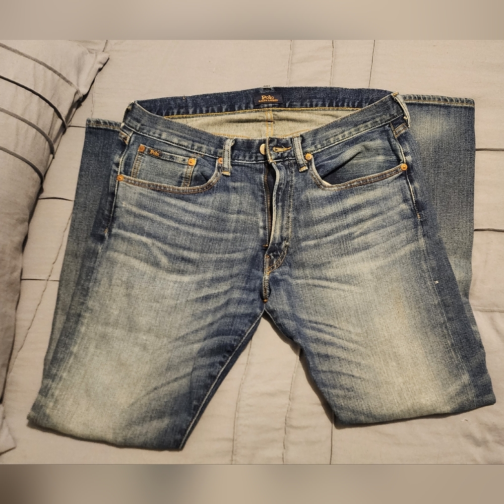 Ralph Lauren Slim Straight Men's Jeans - Faded Blue with Tan Patch - Picture 2 of 3